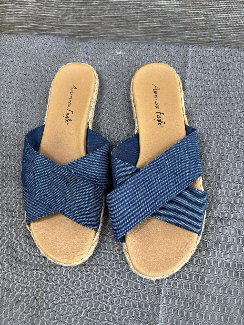 American Eagle Sandals Shoes Womens Size 8.5 Blue Slide Espadrille Cross Strap